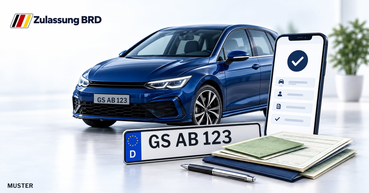 Online Fahrzeugzulassung in Seesen: Musterkennzeichen GS AB 123, Auto und Fahrzeugpapiere und Smartphone. Illustration mit Logo von Zulassung BRD.